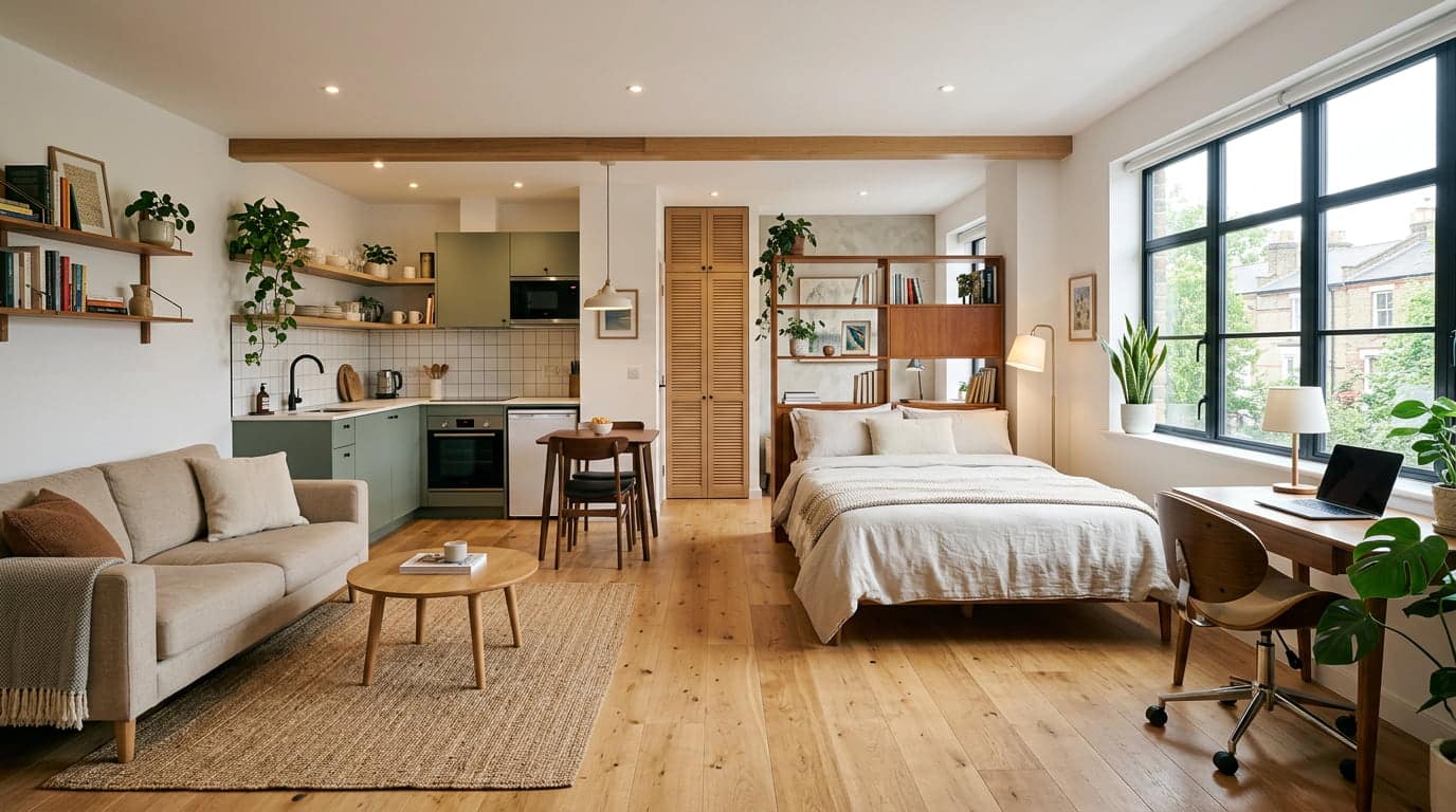 Modern studio apartment layout with open kitchen, sleeping area, living space, and smart furniture placement.