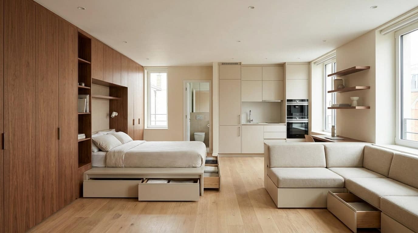 Studio apartment layout with built-in cabinets, under-bed storage, and space-saving furniture.