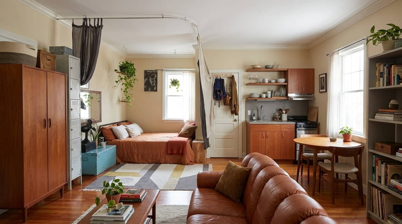 Studio apartment layout with bed positioned in a corner to maximize open floor space.