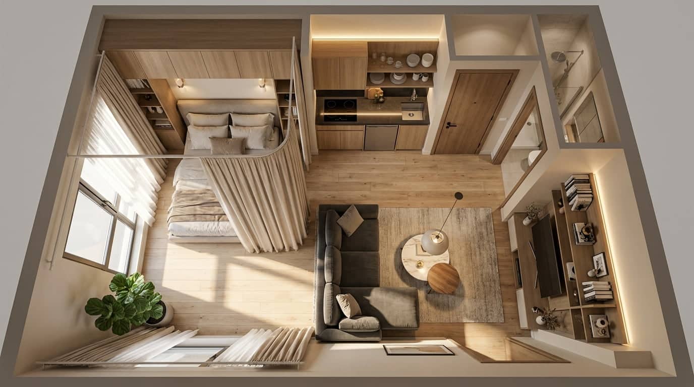 Studio apartment layout with curtain divider creating privacy between sleeping and living areas.