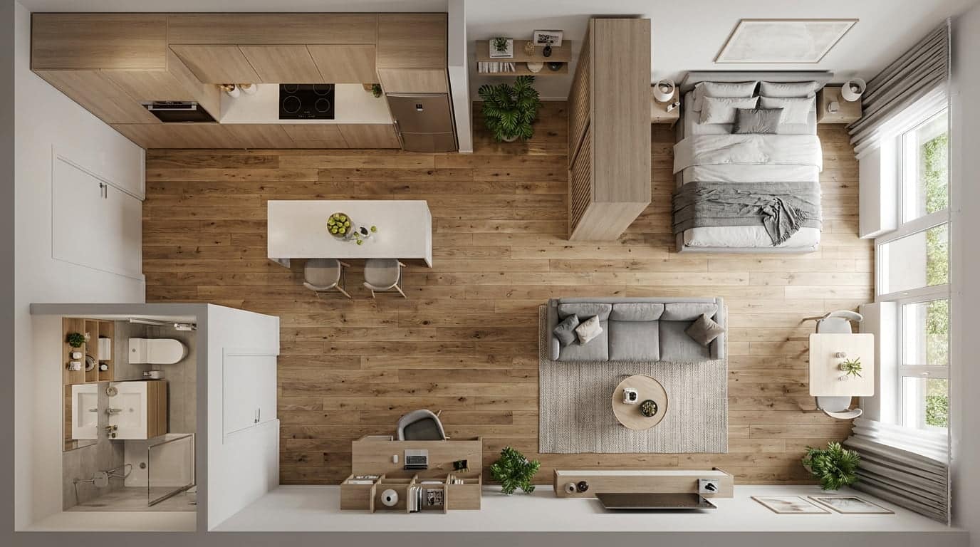 Studio apartment layout with kitchen island dividing cooking area and living space.