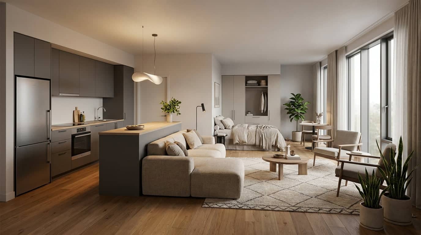 Studio apartment layout with open kitchen separated from living area through furniture placement.