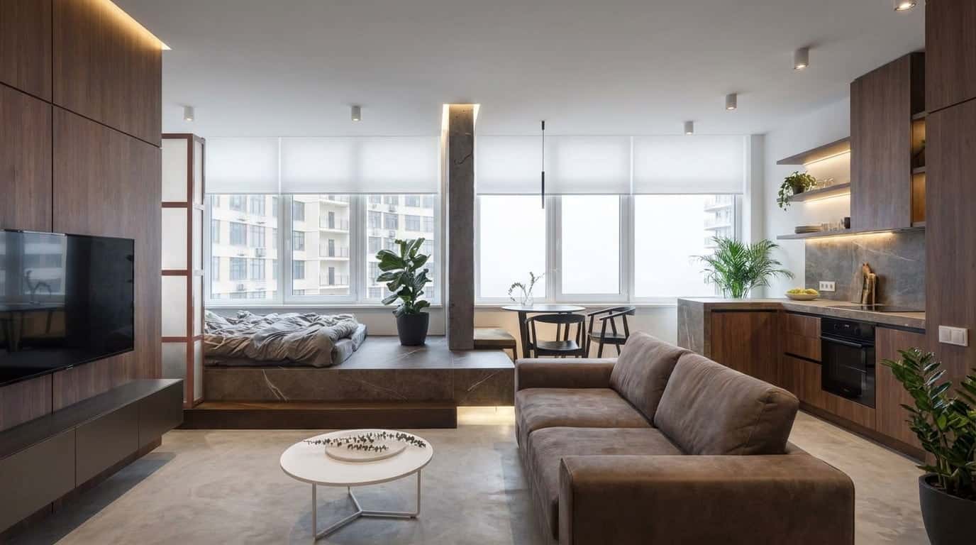 Studio apartment layout with raised platform bed separating sleeping area from living space.