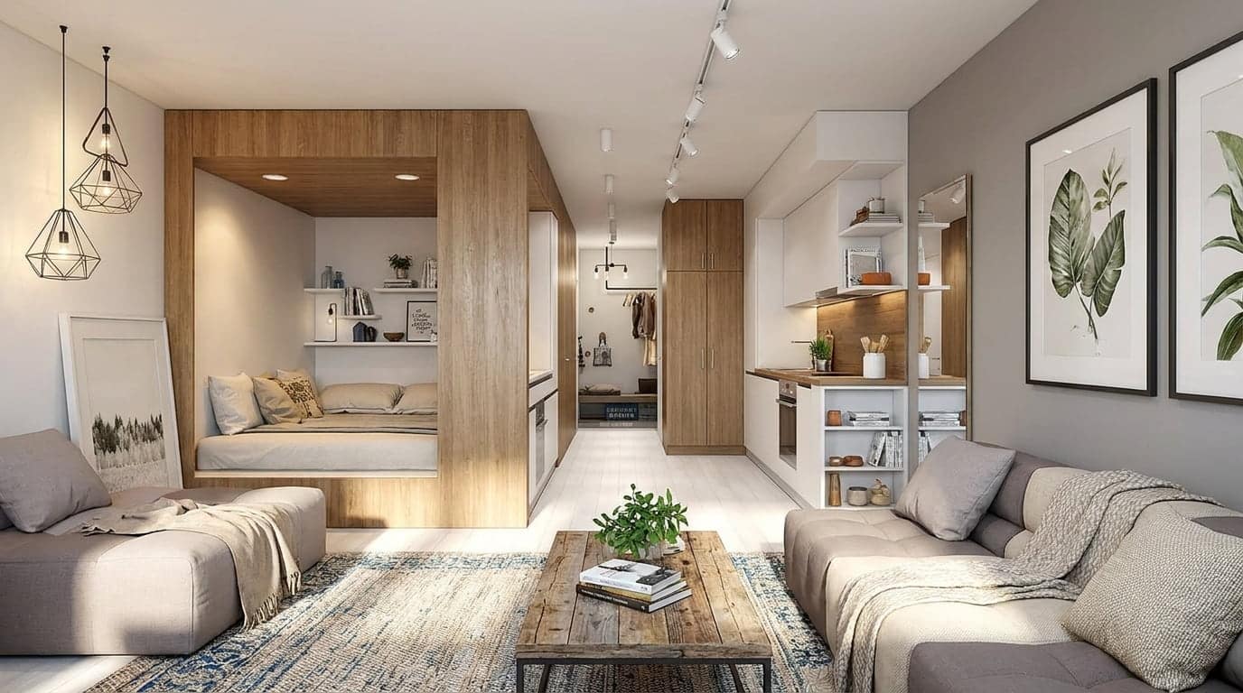 Long narrow studio apartment layout with separated sleeping, living, and kitchen zones.