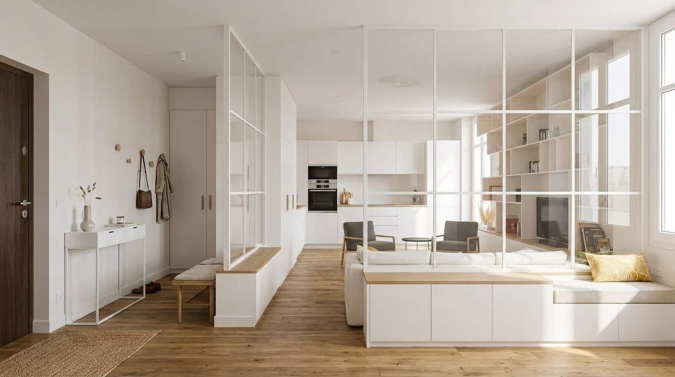 Studio apartment layout featuring a dedicated entryway with storage bench, hooks, and organized space.
