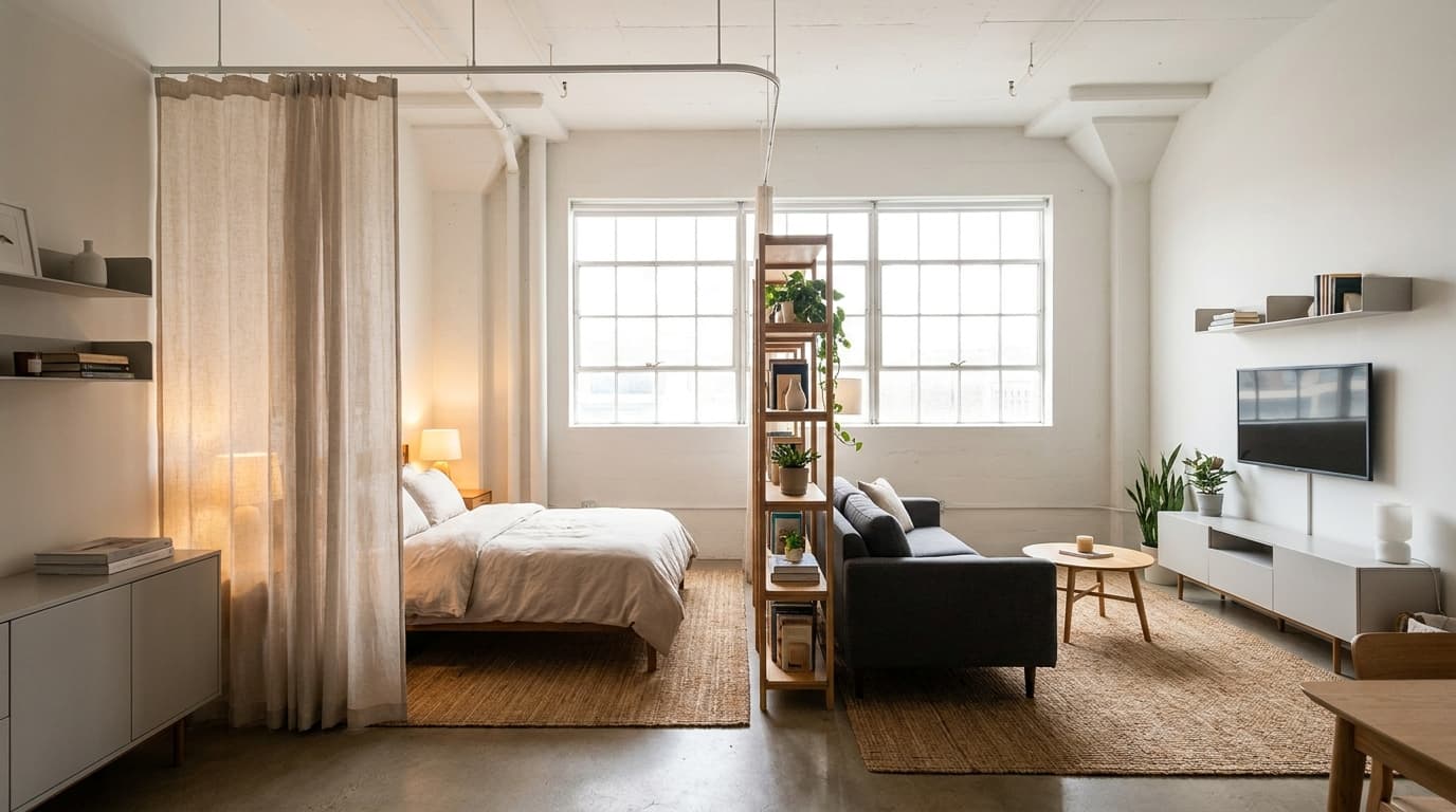 Studio apartment layout with a separate sleeping area divided by curtains and shelving for added privacy.