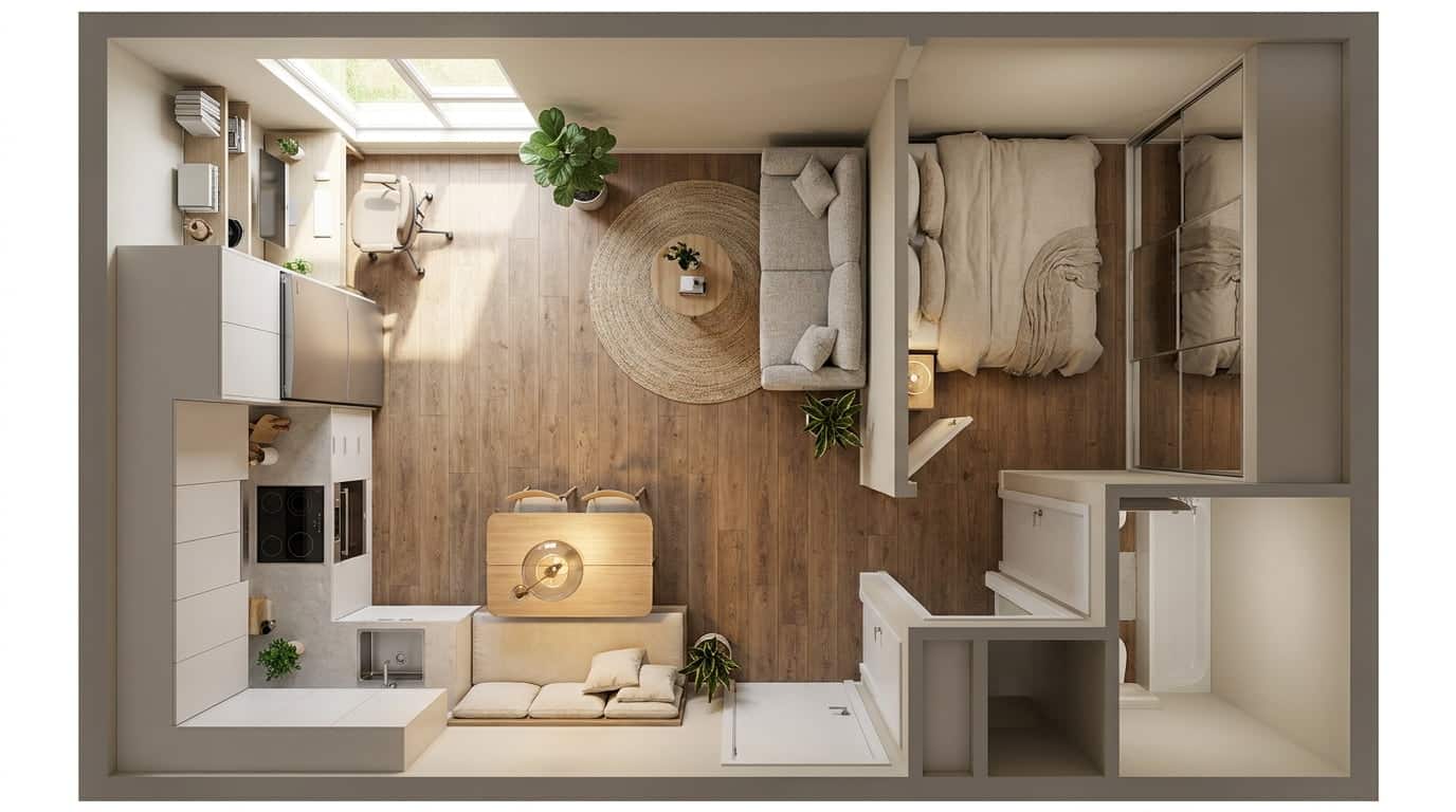 Studio apartment layout with compact dining nook, small table, and open kitchen area.