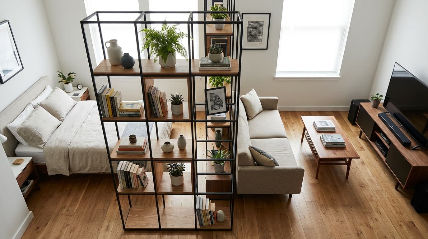 Studio apartment layout with open shelving divider separating sleeping and living zones.