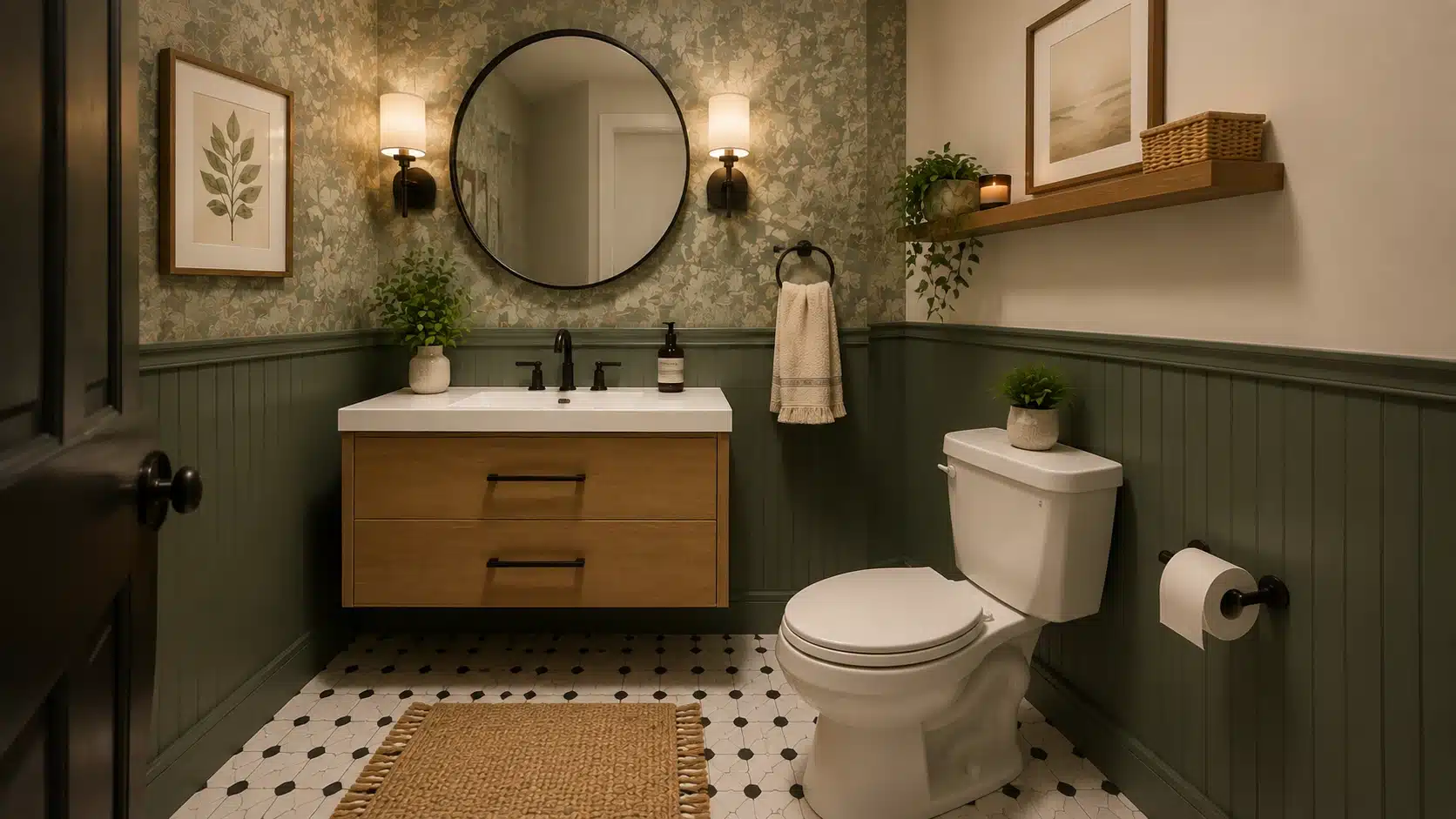 Stylish half bathroom featuring a large decorative mirror above the vanity with wall sconces and modern finishes.