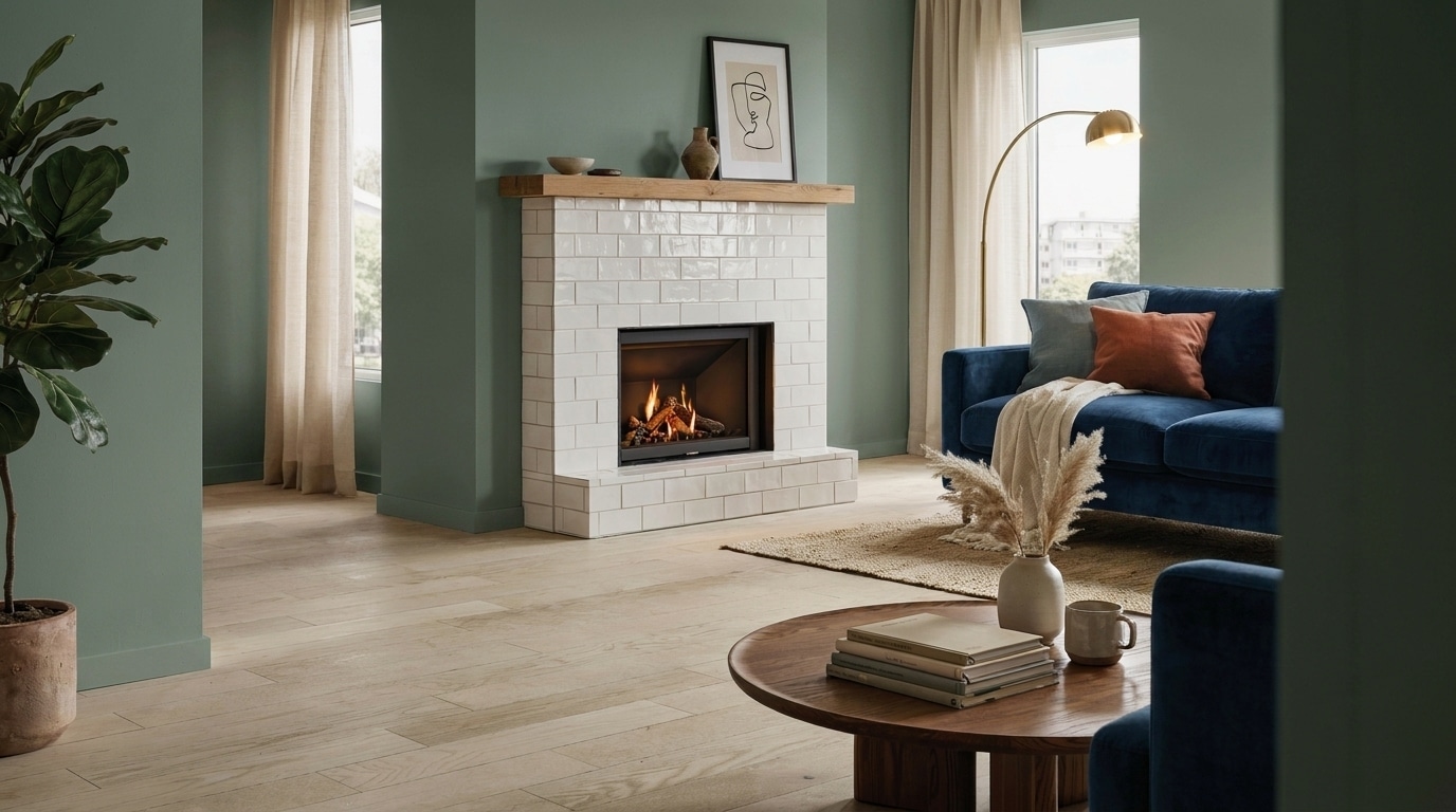 Subway tile fireplace surround with a classic mantel and timeless living room style.