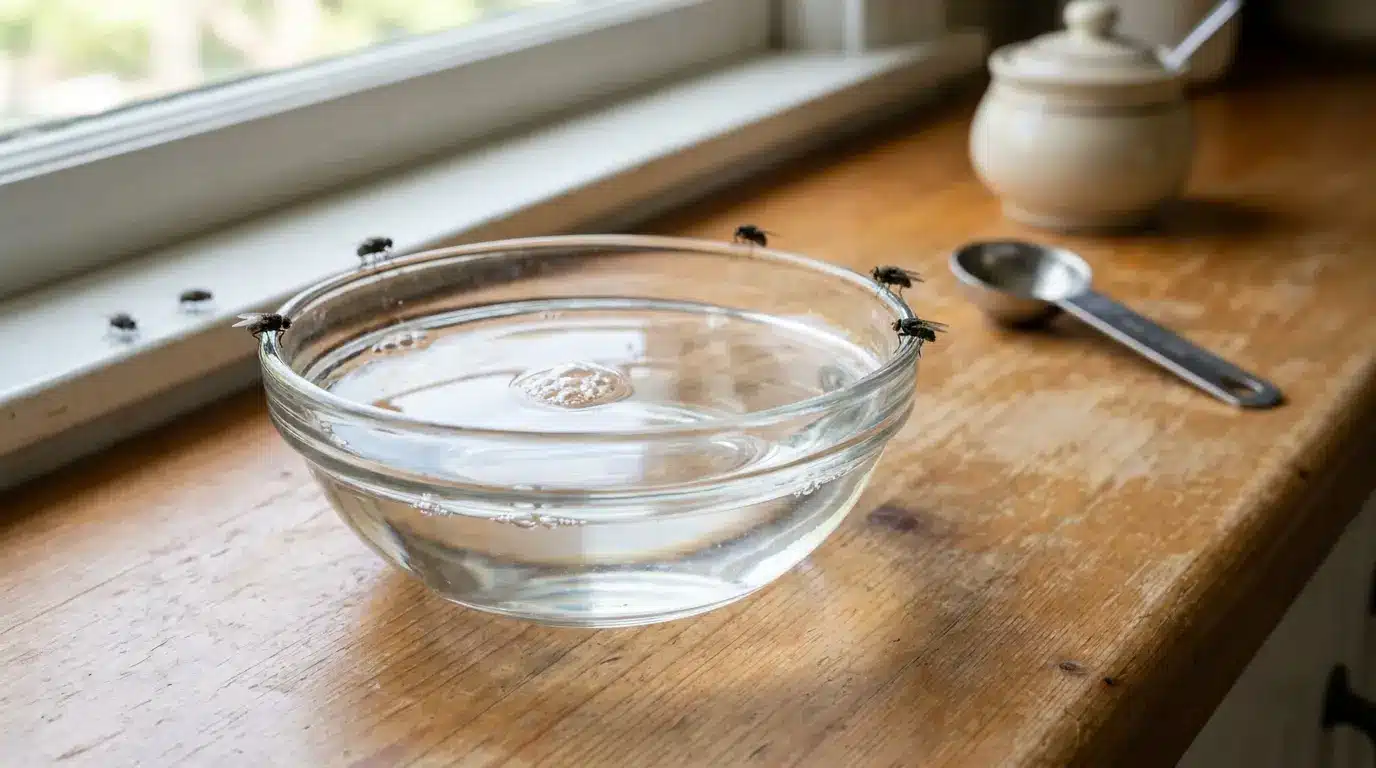 sugar water fly trap in a glass bowl with flies gathered around the rim on a kitchen counter
