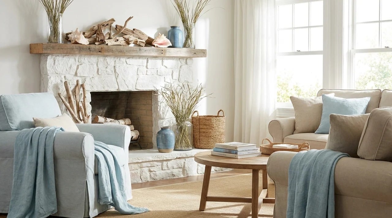 Coastal fireplace mantel decorated with beach-inspired accessories.