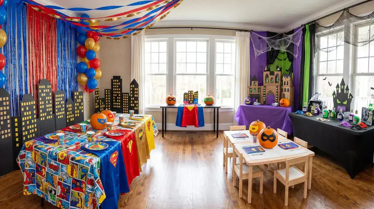 Comic book superhero Halloween party room with bold panels and city skyline backdrop for a superheroes vs villains theme.