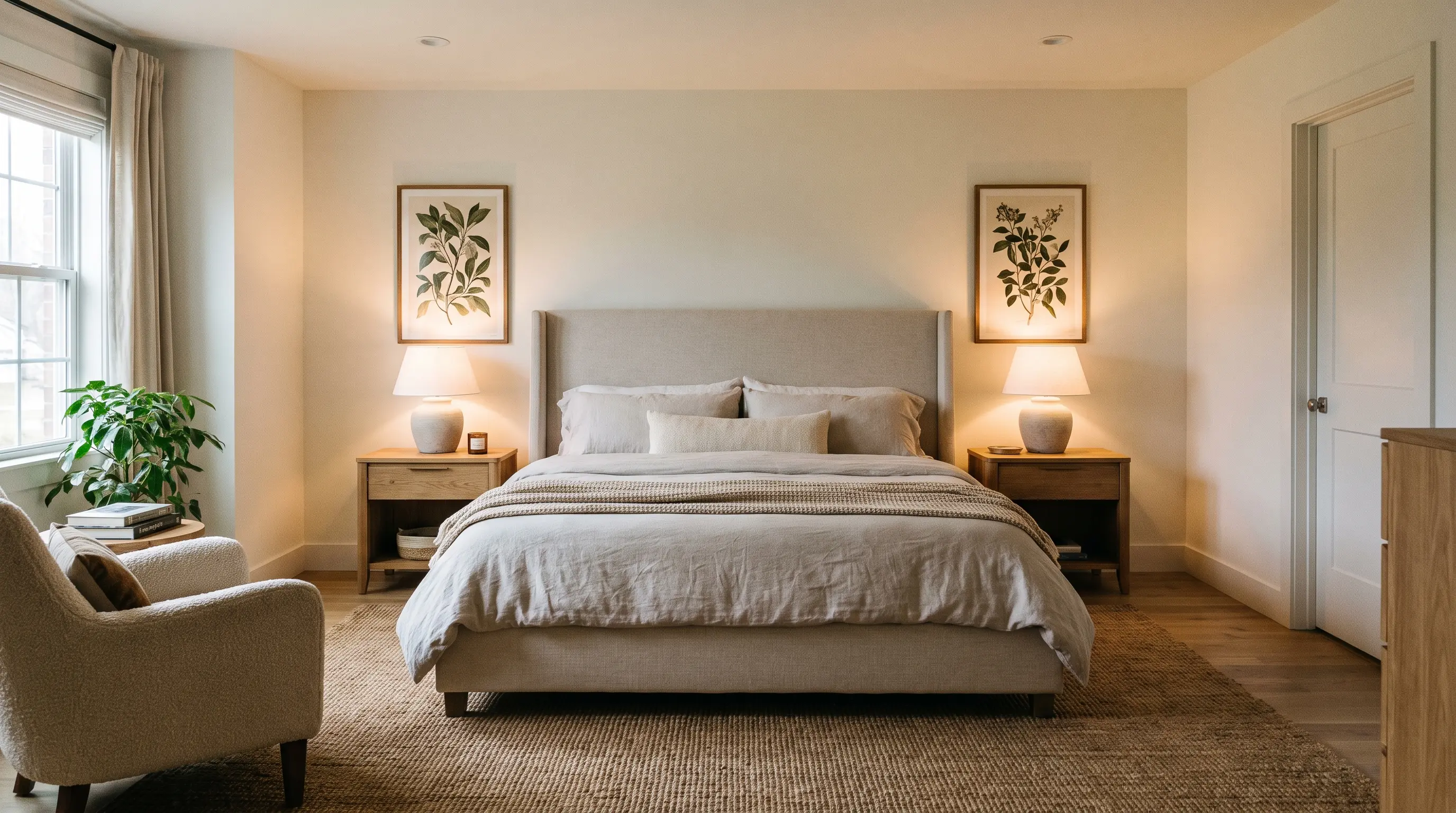 Symmetrical bedroom layout with centered bed matching nightstands and lamps