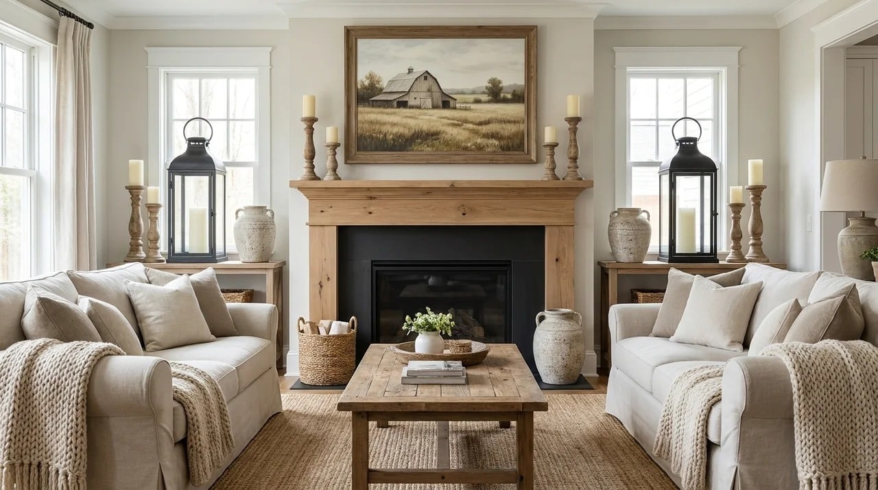Symmetrical farmhouse fireplace mantel with matching decorations.