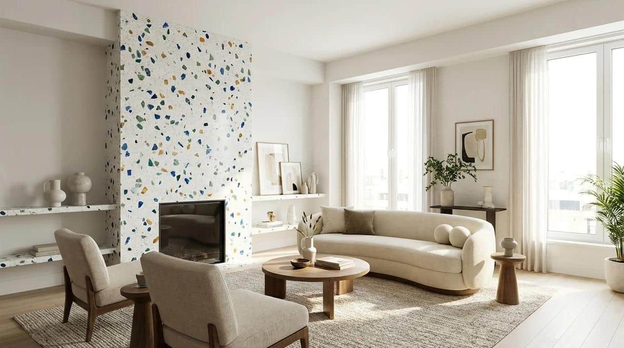 Modern terrazzo fireplace wall with colorful stone texture in a stylish living room.