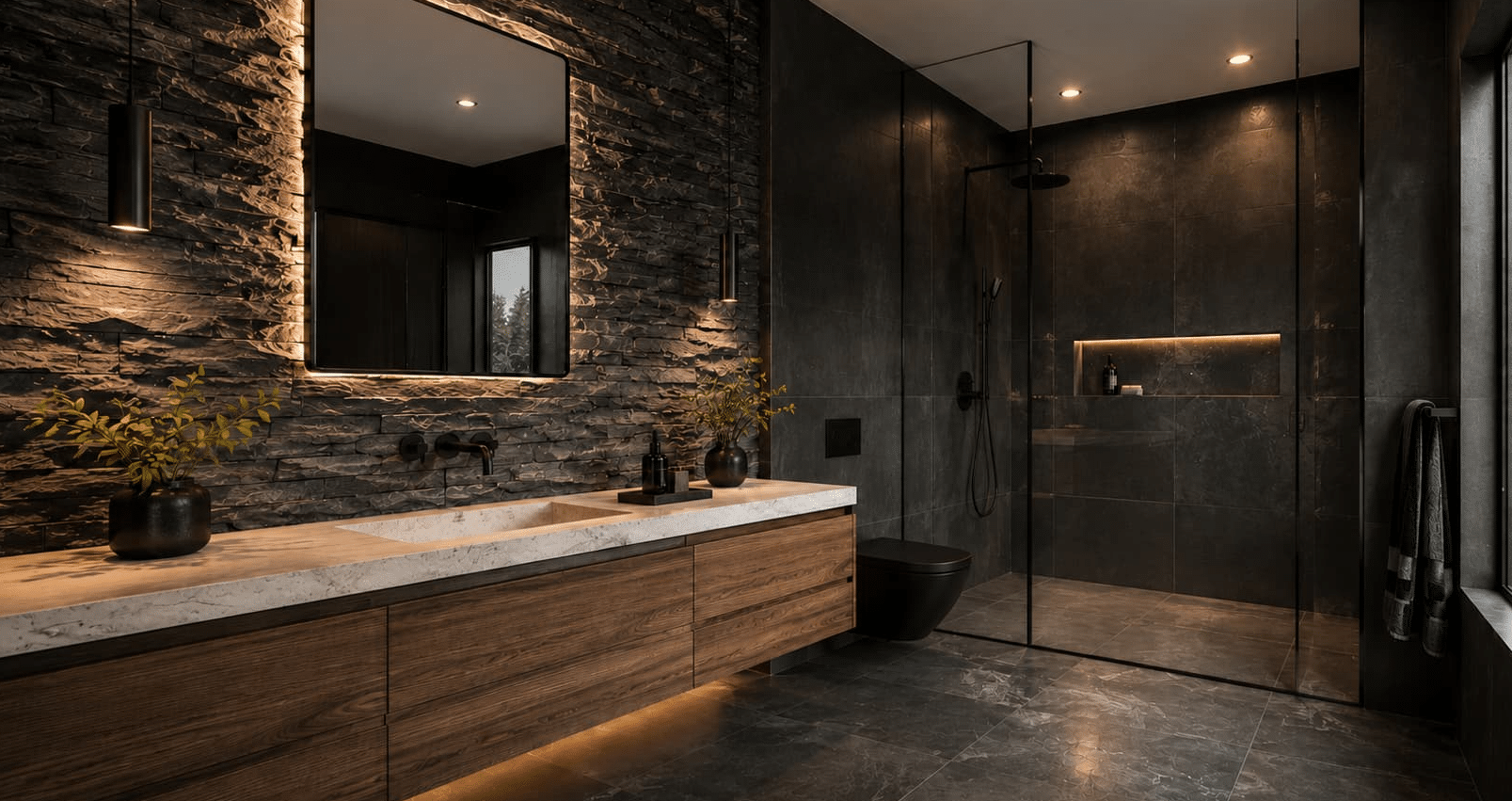textured stone accent wall in dark bathroom