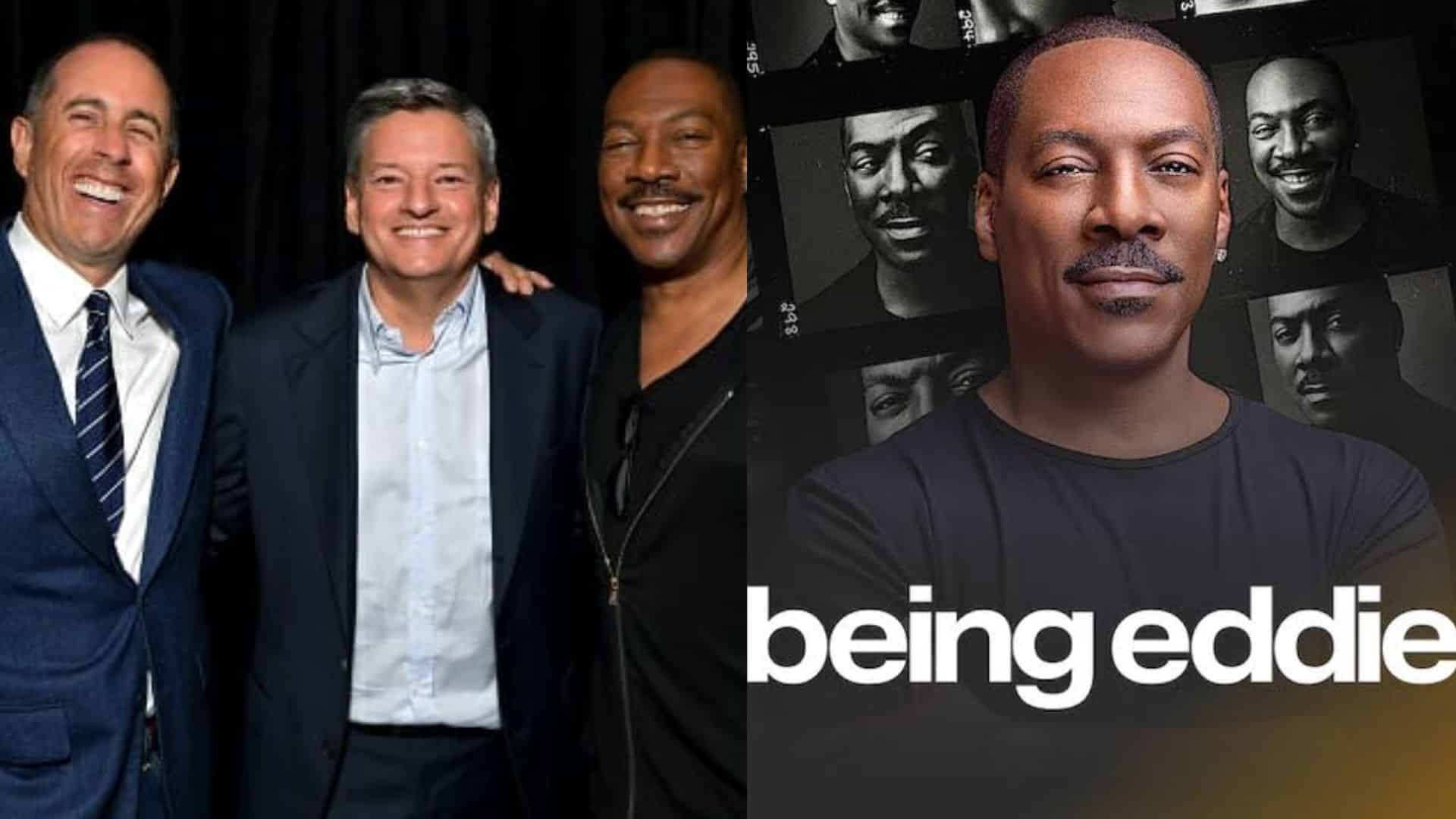 The actor posing with two entertainment executives beside a promotional portrait for a documentary.