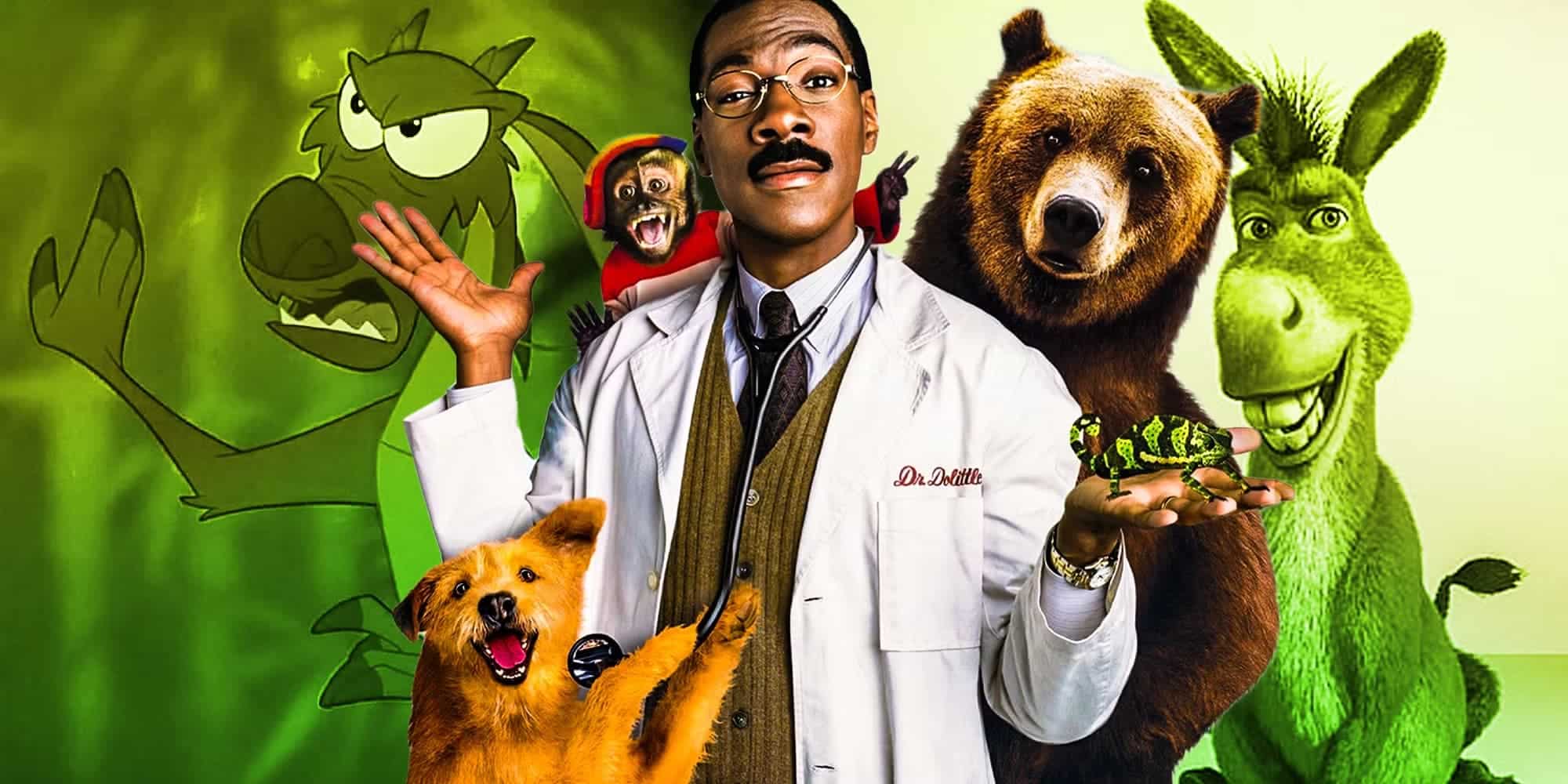The actor surrounded by animal and animated characters representing his work in family entertainment and voice acting.