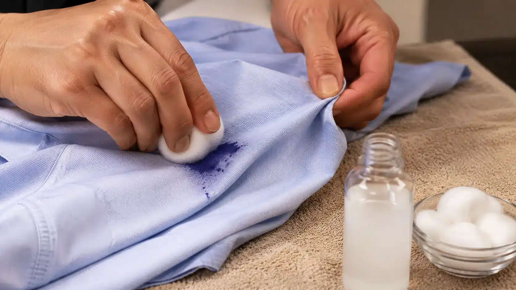 Hands blotting a blue ink stain from a light-blue shirt with rubbing alcohol and a cotton ball.