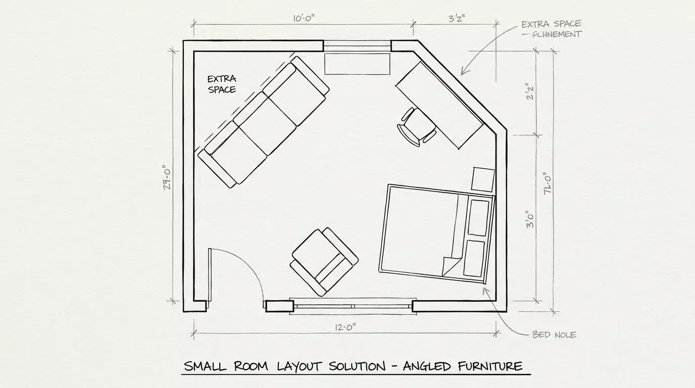 Angled furniture placement in a small room layout