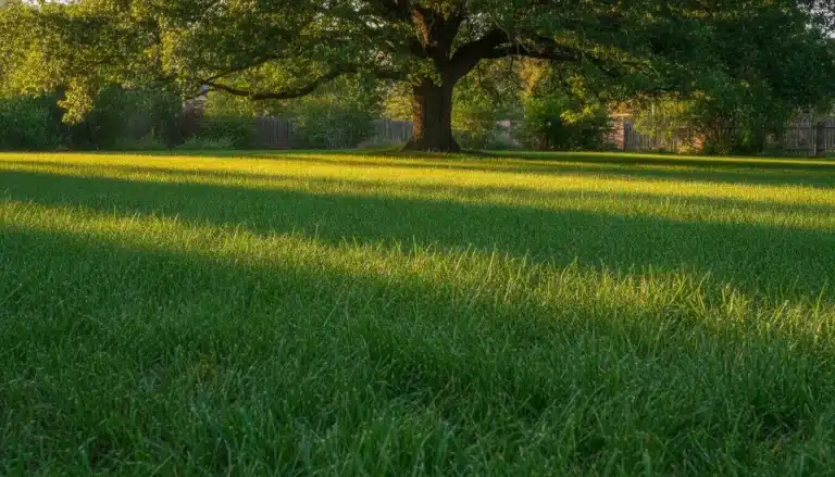 Large tree casting shadows on lush green lawn in sunny backyard setting