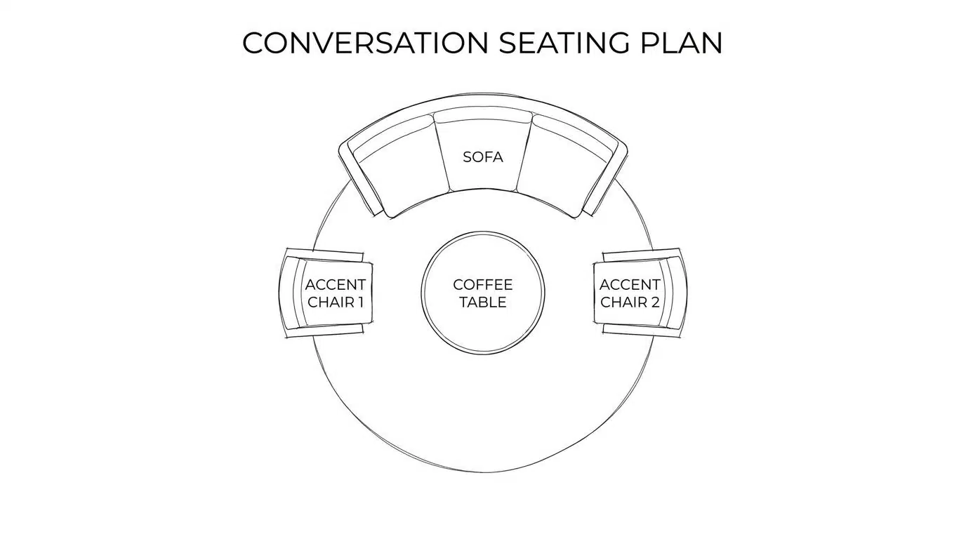 Conversation seating cluster with chairs facing sofa