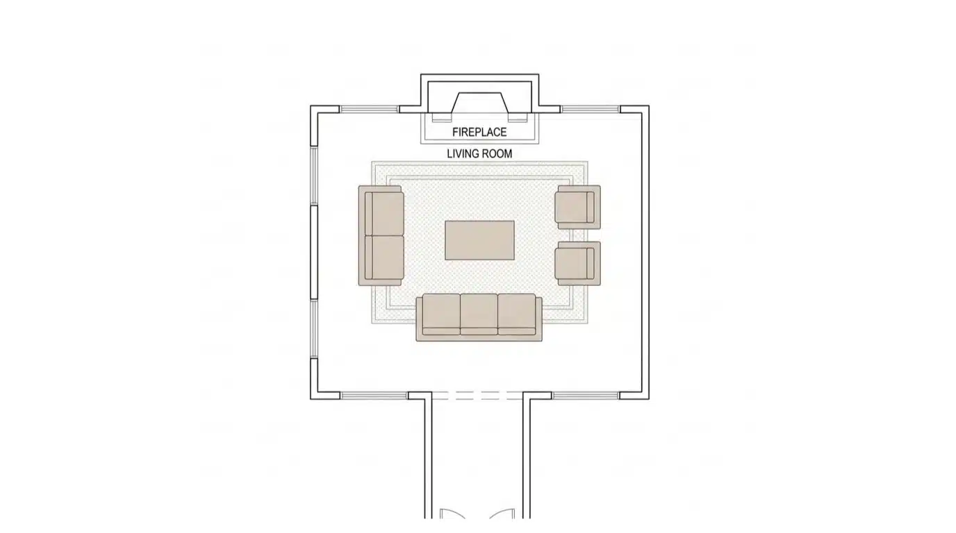 Living room furniture arranged around a fireplace focal point