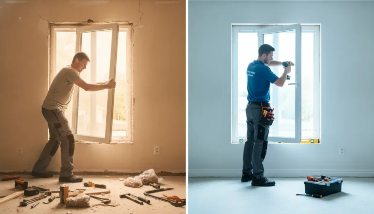 Two men installing windows in separate rooms using tools and hardware.