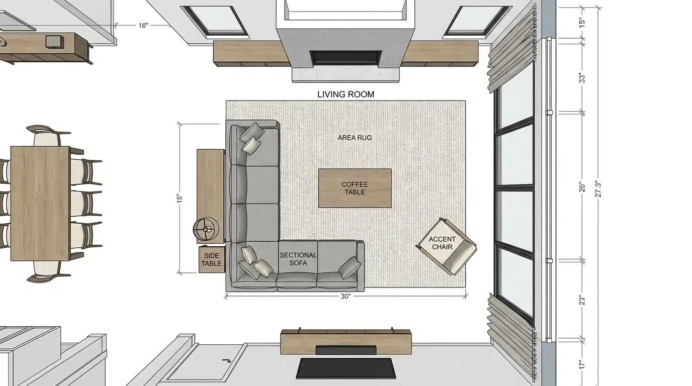 Large sectional sofa anchoring a spacious room