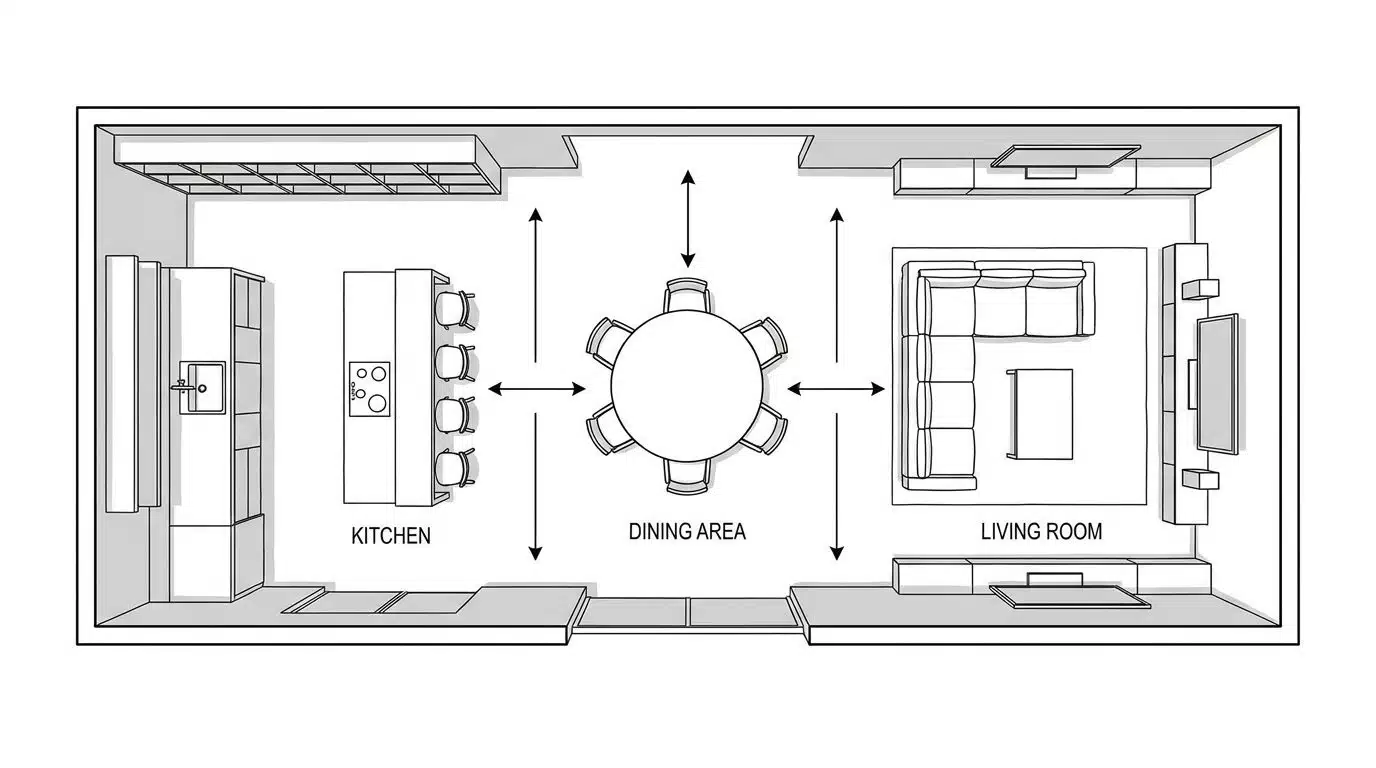 Open concept layout with connected living spaces