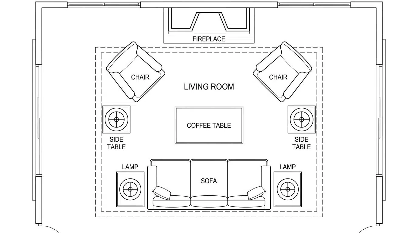 Symmetrical living room layout with balanced furniture
