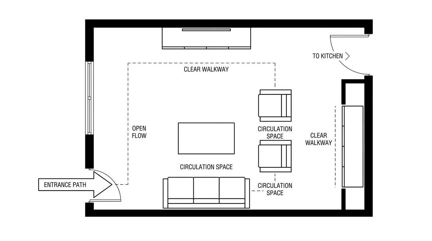 Living room layout with clear traffic pathways