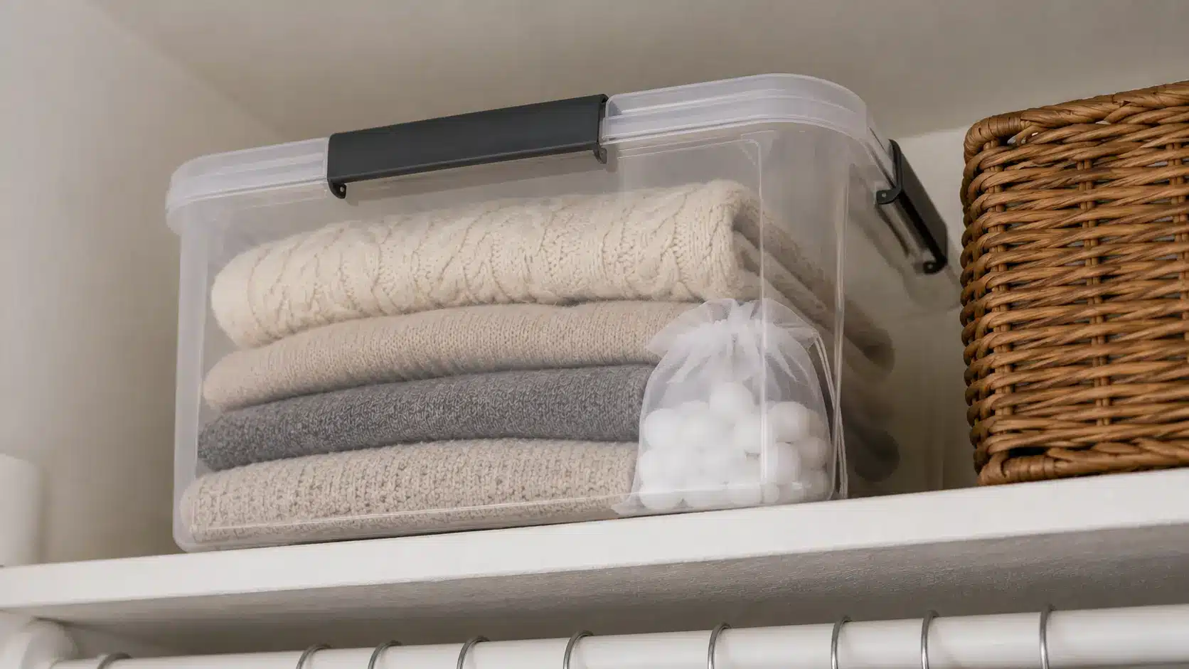 Airtight container holding folded wool sweaters and mothballs stored on a high closet shelf