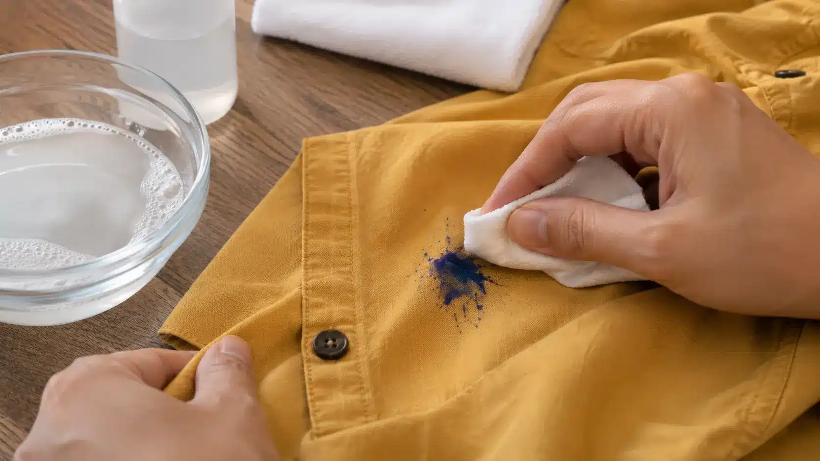 Person blotting a blue ink stain on a mustard shirt with a white cloth beside a bowl of vinegar solution.