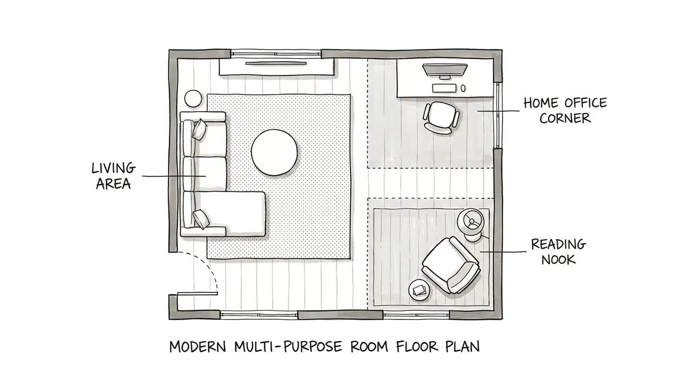 Multi-purpose room divided into functional zones