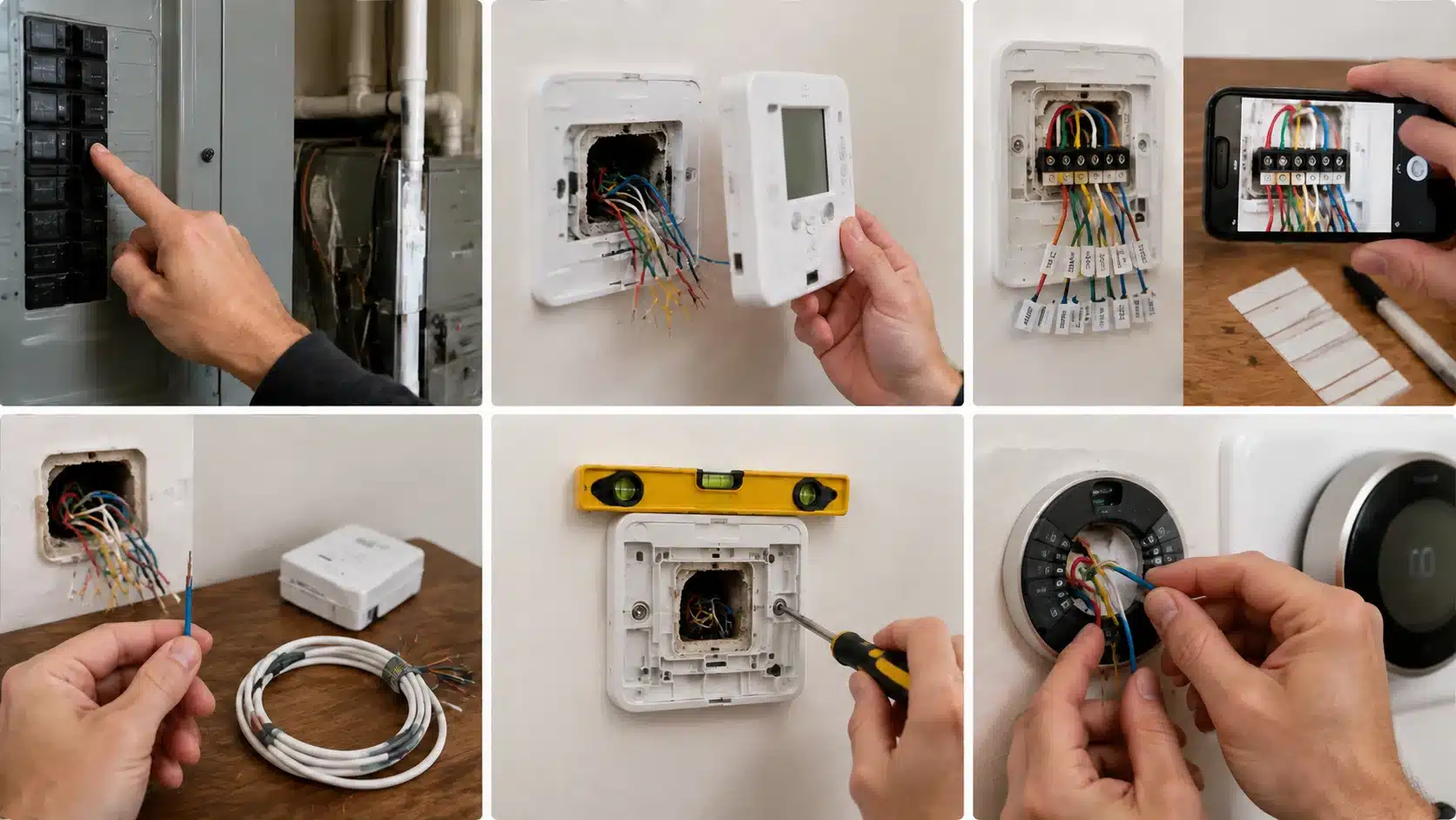 Thermostat installation steps showing power shutoff, wiring, labeling, mounting, and connecting a new thermostat.
