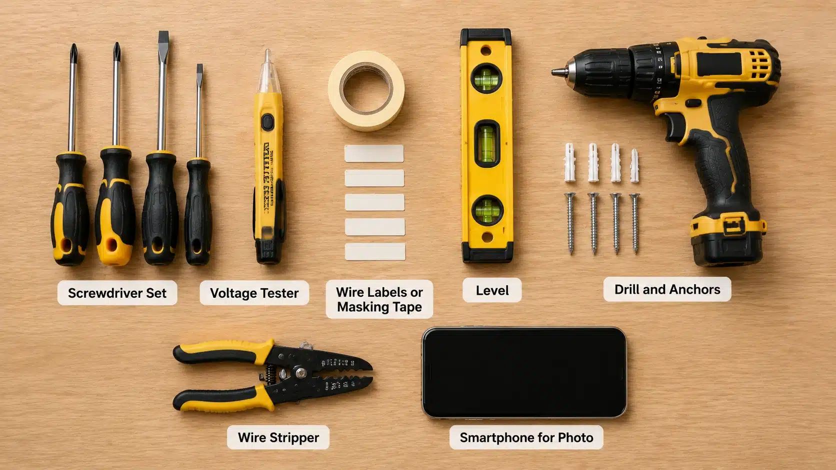 Thermostat installation tools including screwdriver, voltage tester, wire labels, level, drill, wire stripper, and smartphone.