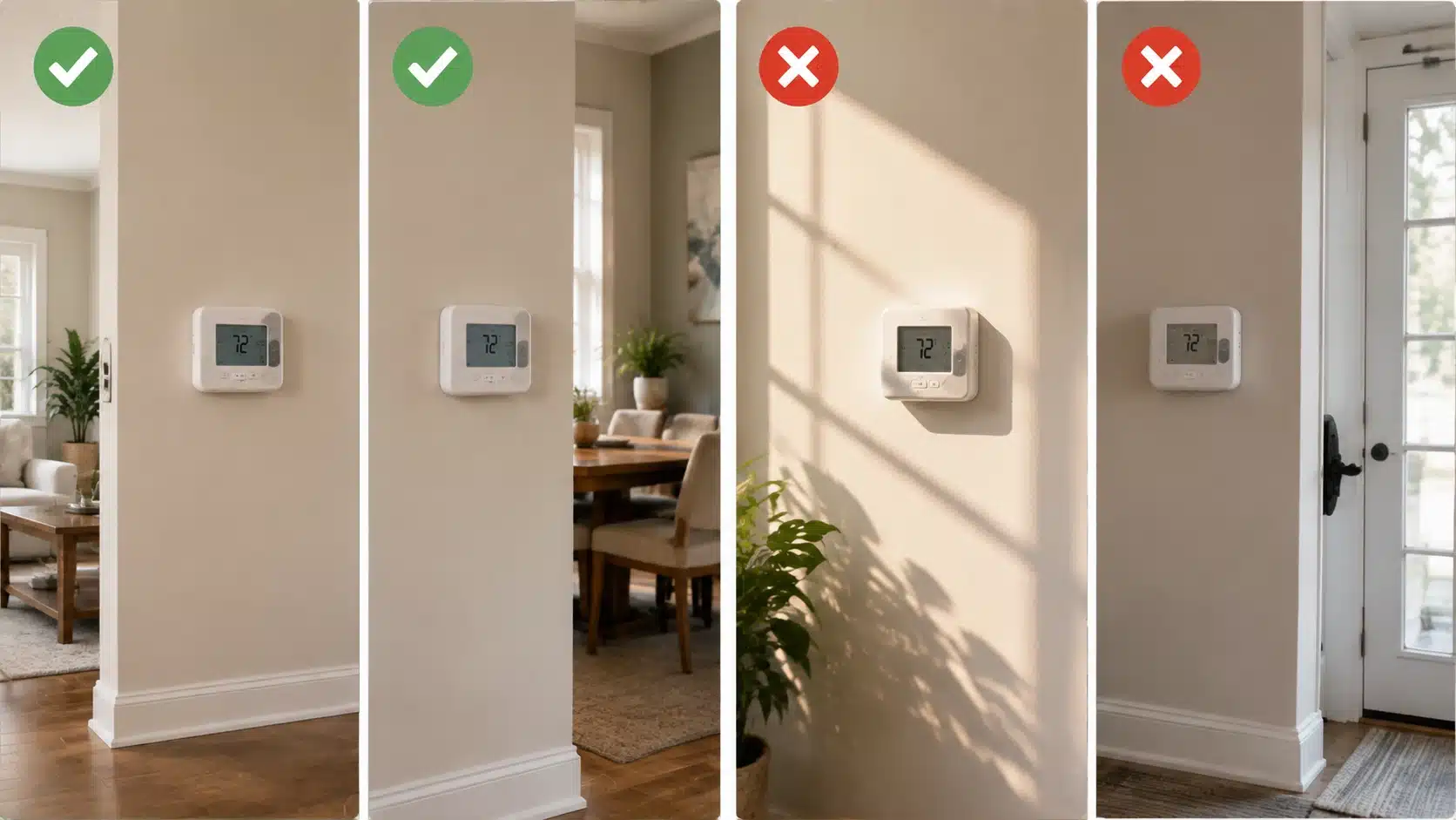 Thermostat placement examples showing ideal locations and areas to avoid for accurate temperature readings.