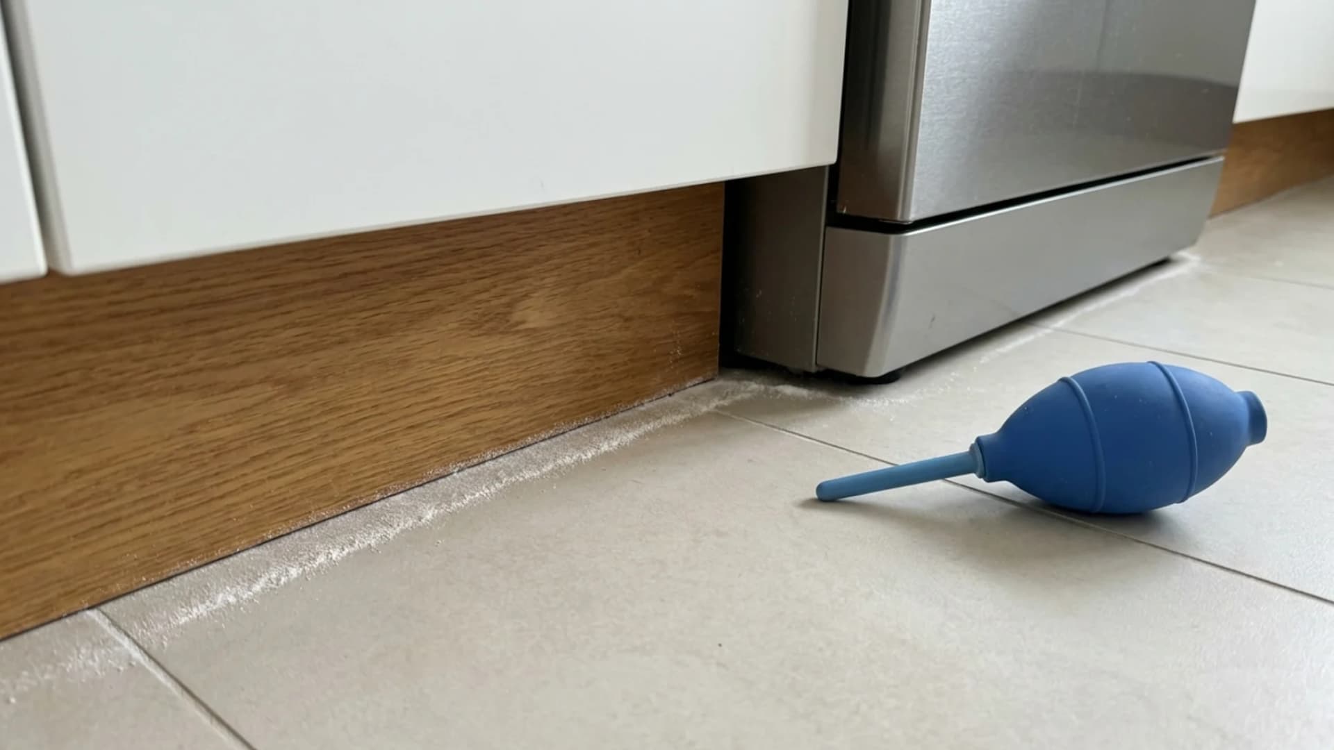Thin, barely visible dusting of white diatomaceous earth along a kitchen baseboard, macro photo.