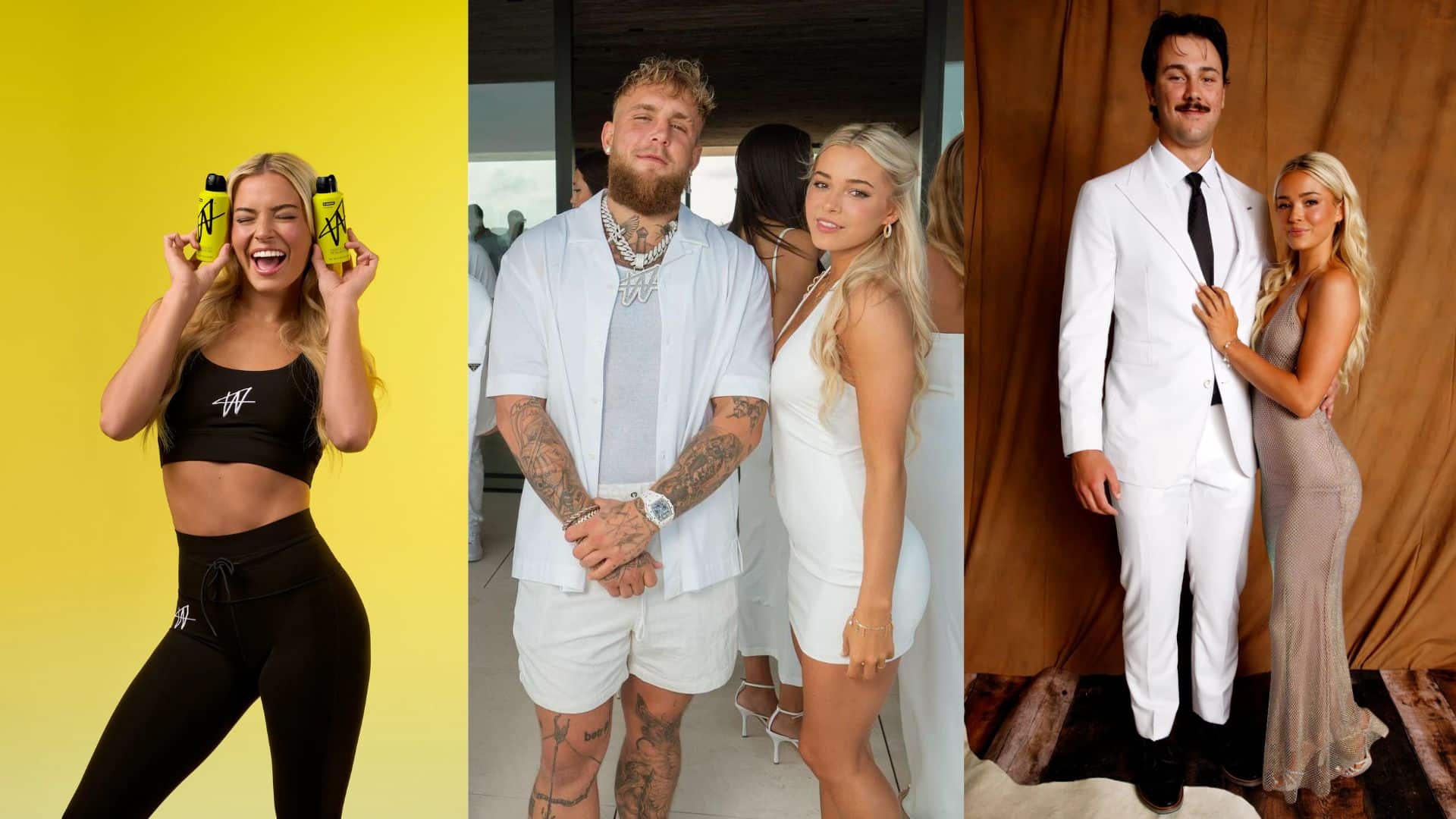 Three-photo collage showing Livvy Dunne in a brand campaign, at an event, and posing with her partner.