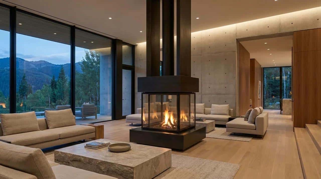 Luxury living room with a three-sided glass fireplace wall and modern seating.
