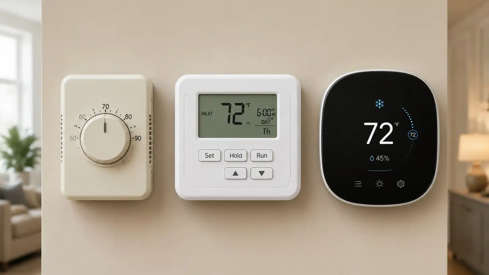 Three thermostat types showing manual, programmable, and smart models before installation in a home setting.