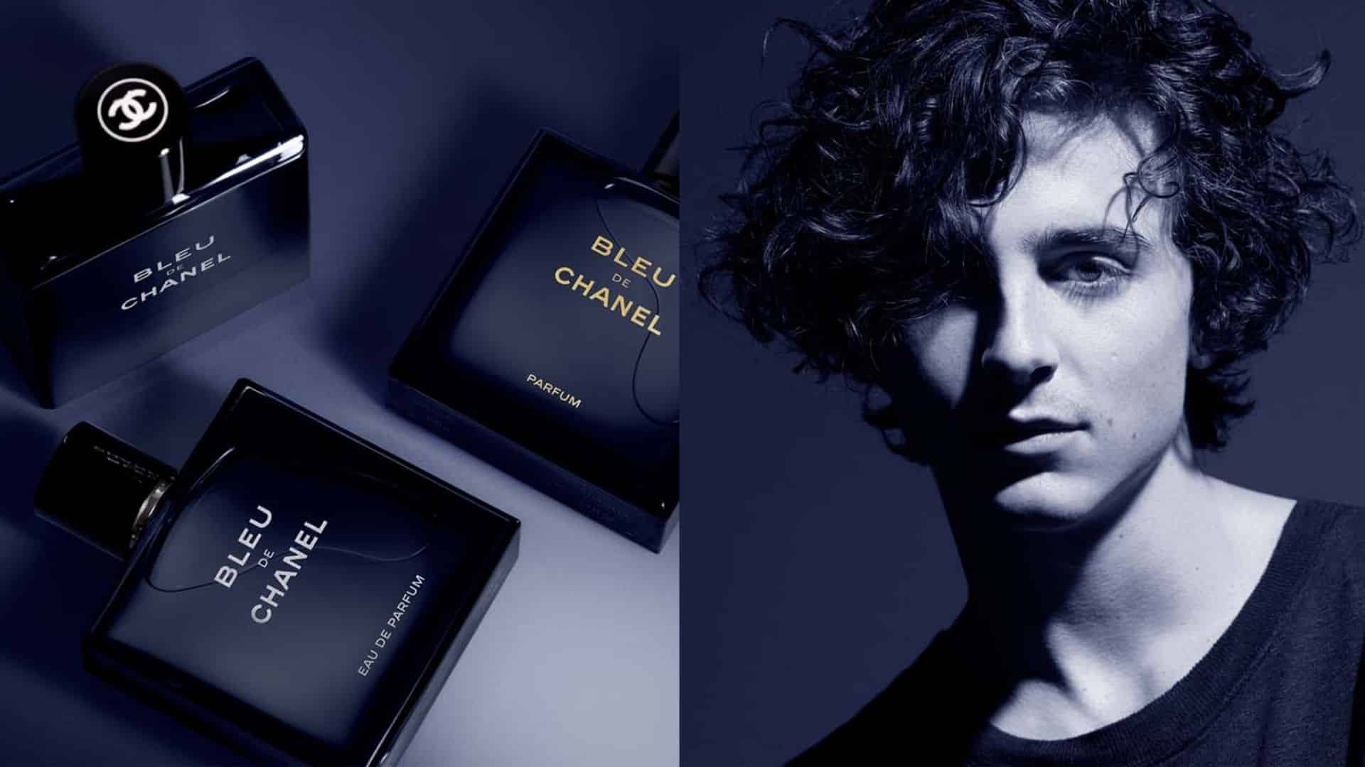 Timothée Chalamet beside Bleu de Chanel perfume bottles for his Chanel partnership.