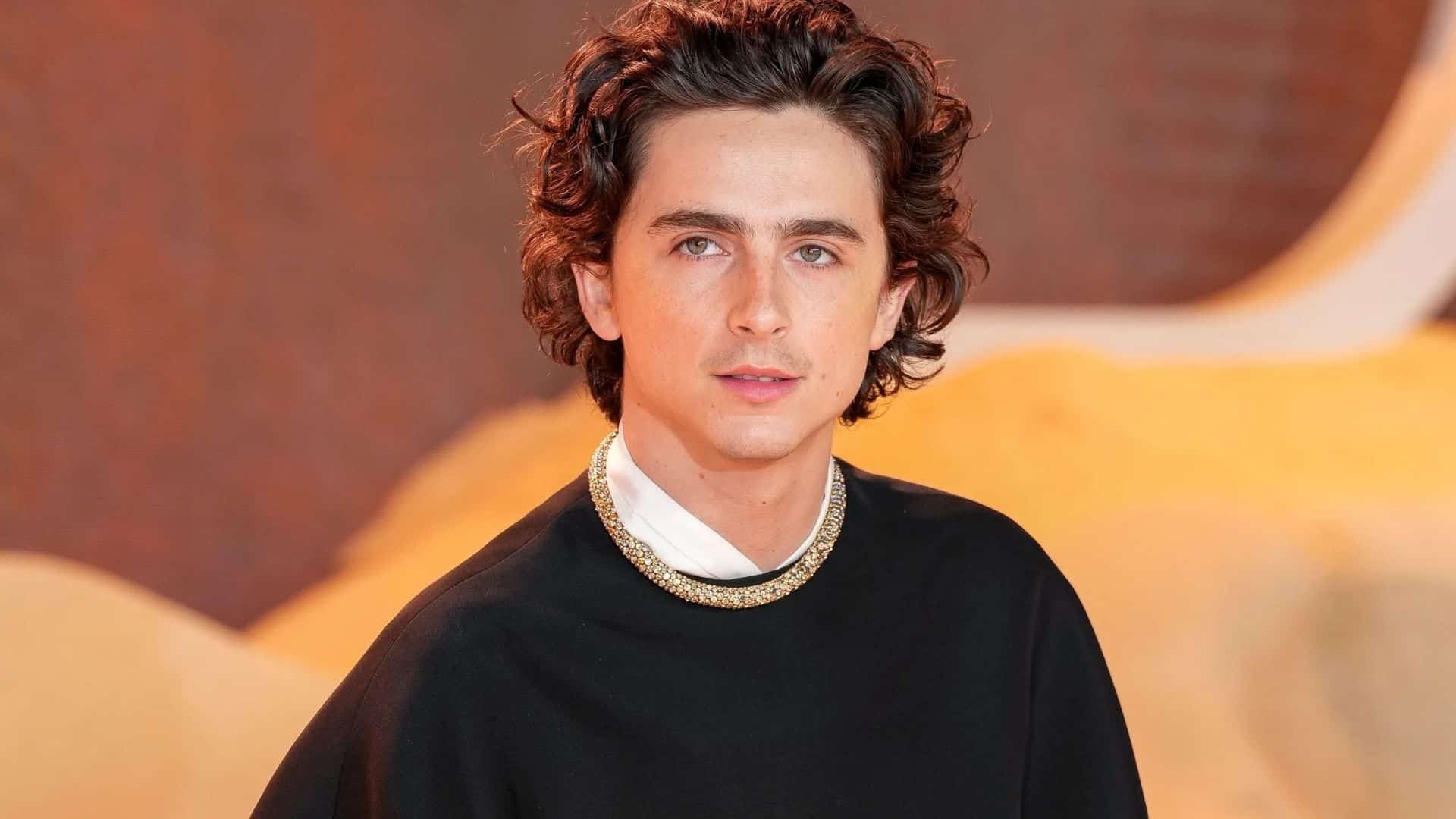 Timothée Chalamet wearing a black top and jeweled necklace at a public event.