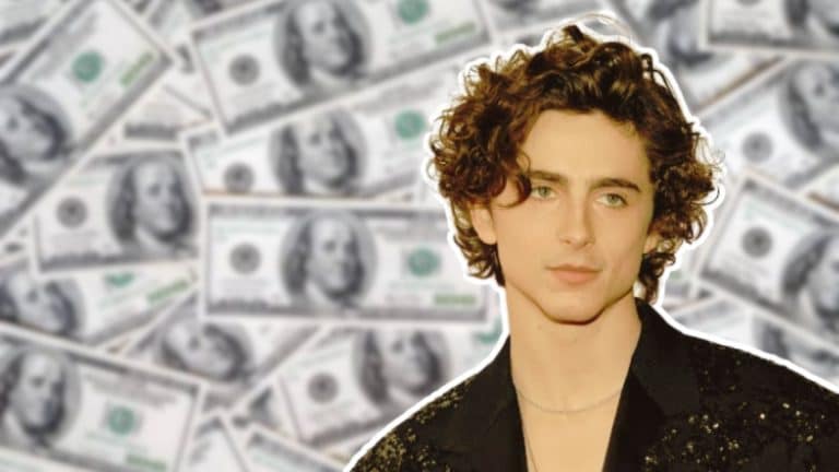 Timothée Chalamet pictured against a background of US dollar bills.