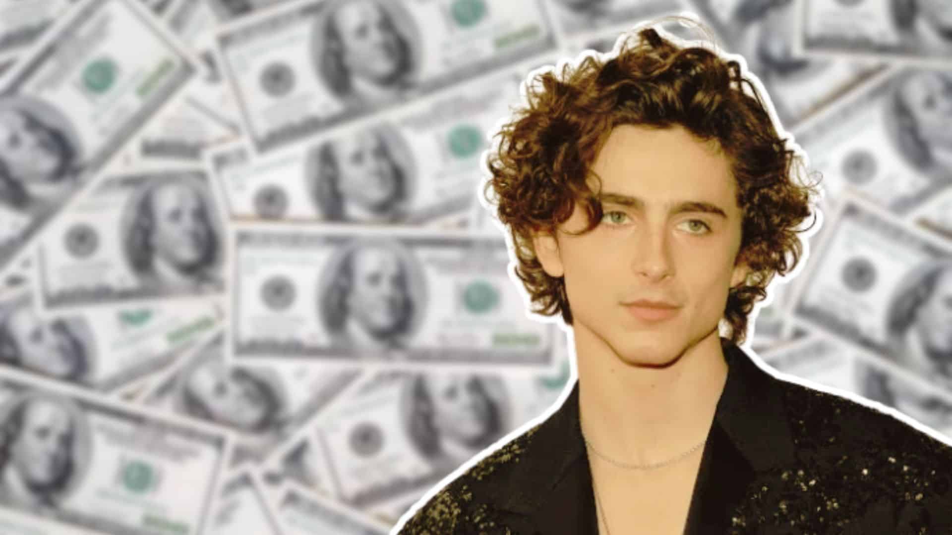 Timothée Chalamet pictured against a background of US dollar bills.