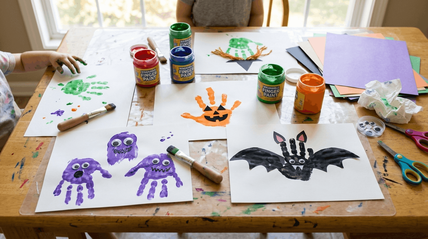 Toddler Halloween handprint crafts with painted designs