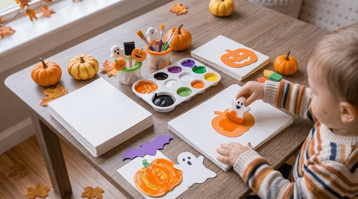 Toddler Halloween painting activity with pumpkins and ghosts