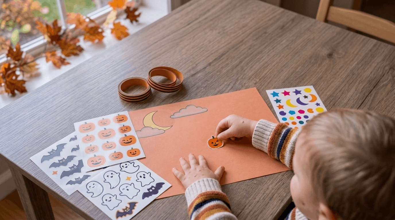 Toddler Halloween sticker activity with pumpkins ghosts and bats